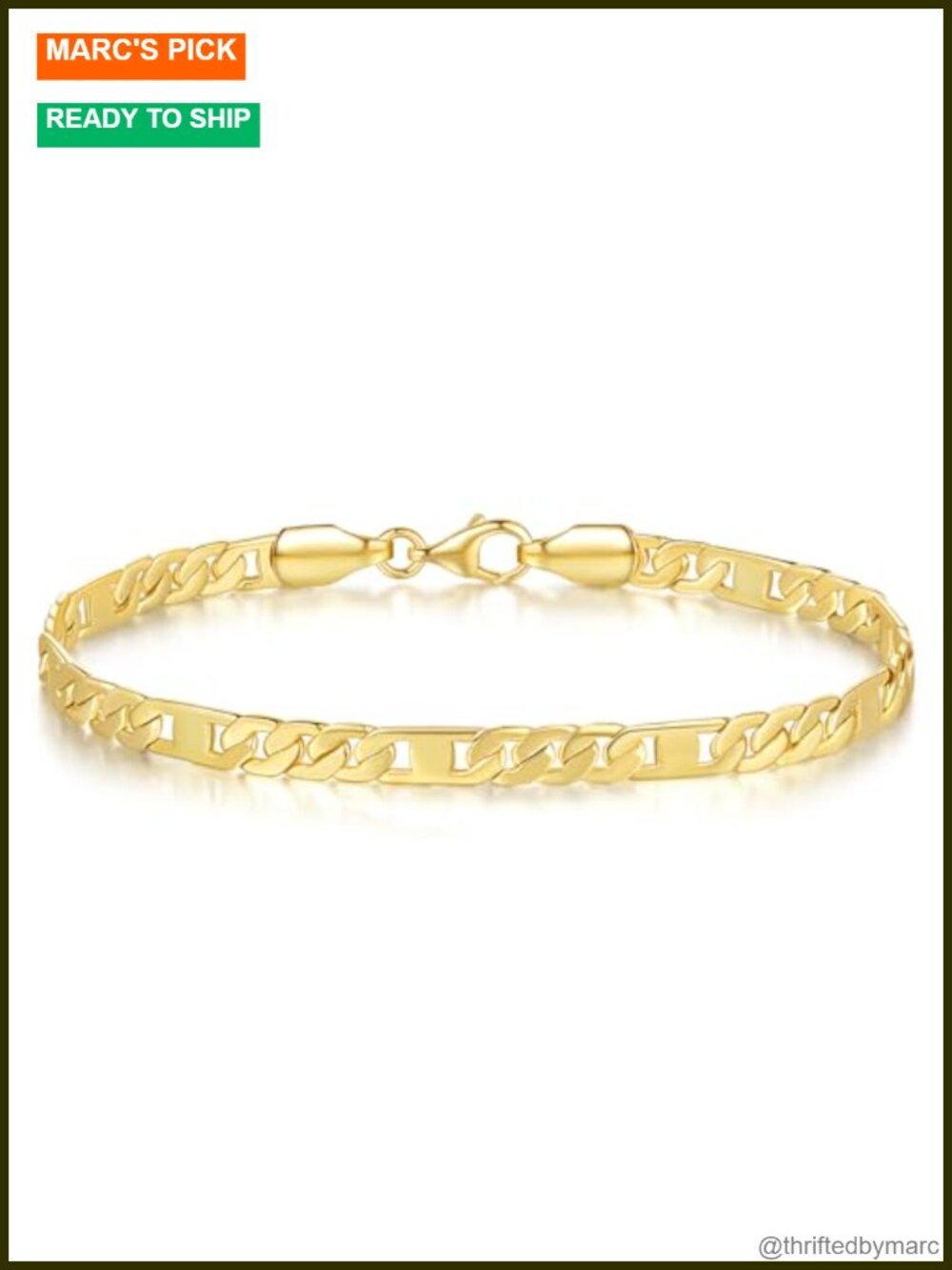 14K Gold Plated Flat Figaro Chain Bracelet Unisex Lobster Claw